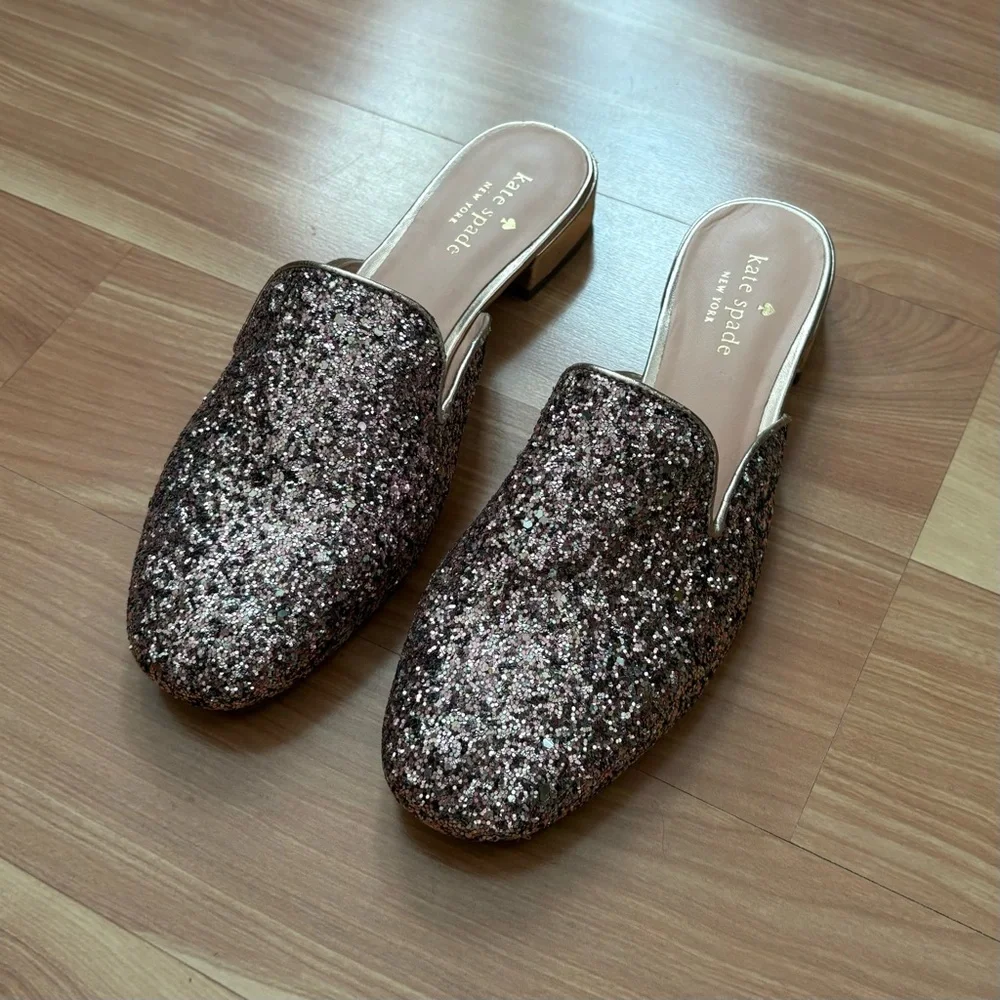 Kate Spade Gowen Shimmy Pink Glitter Glam Mule Loafers Flats Whimsy Preppy 6.5